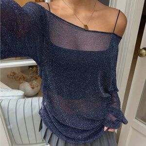 NWOT Shimmering Navy Off-Shoulder Top